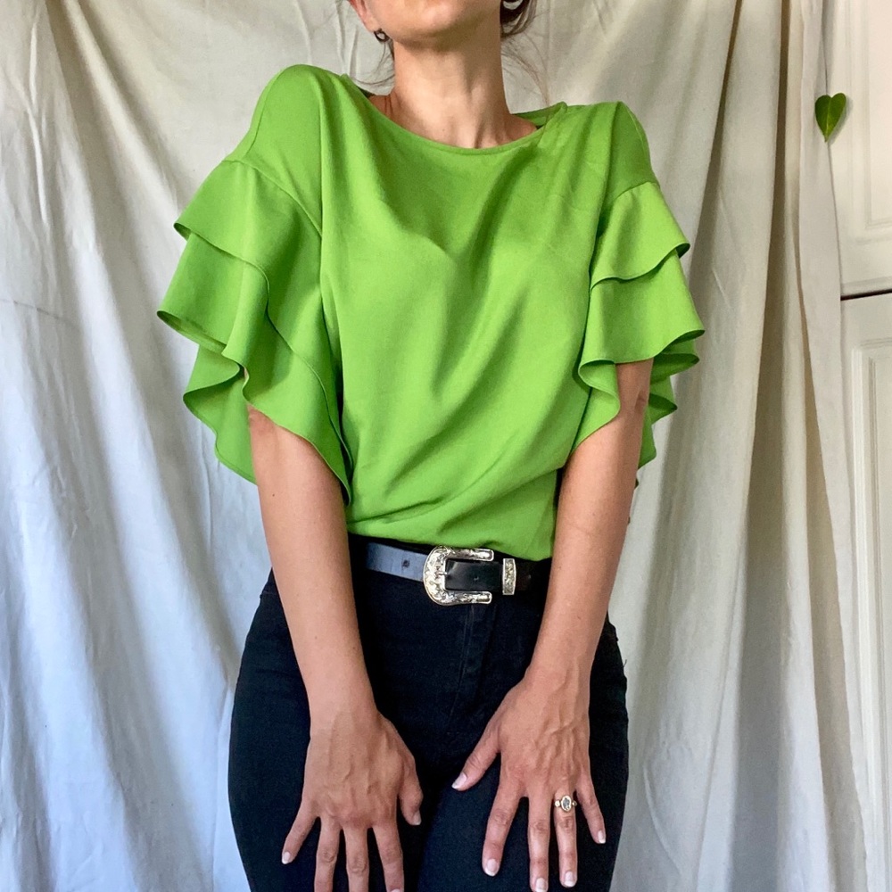 Layered, wing-sleeve green top